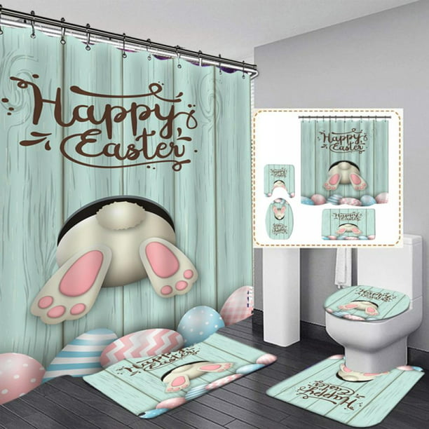Happy Easter Bathroom Waterproof Fabric Shower Curtain & Hooks Set eggs rabbit